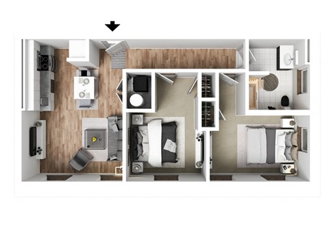Floor plan for 2 beds, 1 bath, 764 sqft